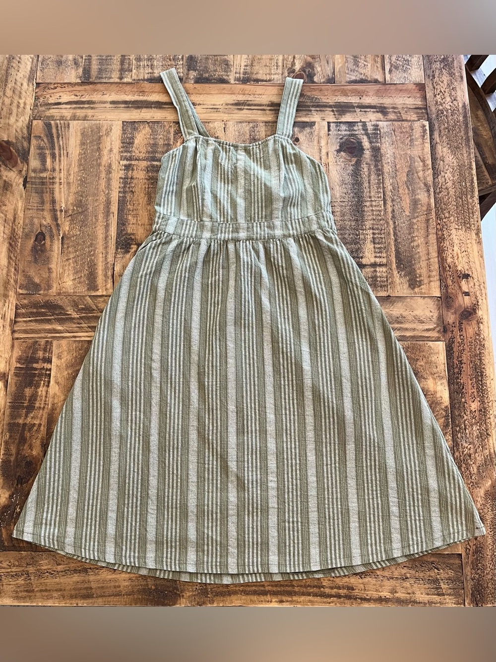 Polagram Olive Green Striped Midi Overall Sundress With Pockets - Medium